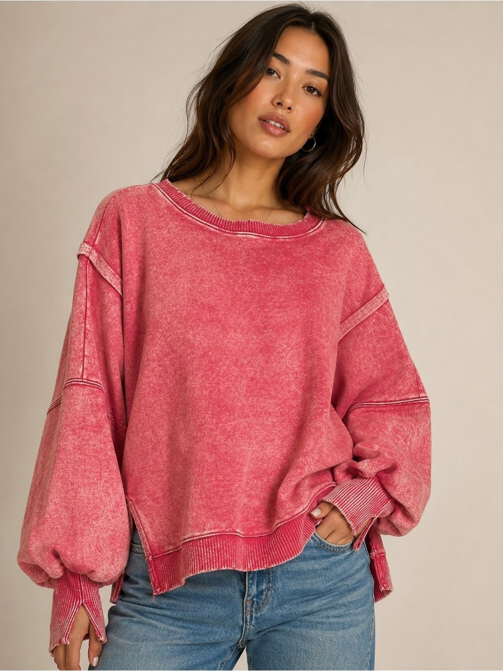 955. Women’s Dark Red Acid Wash Oversized Fleece Batwing Sweatshirt